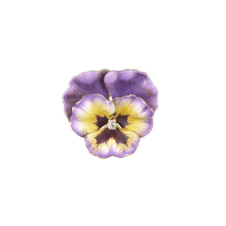 Antique purple and yellow enamel, diamond and 14ct gold pansy brooch